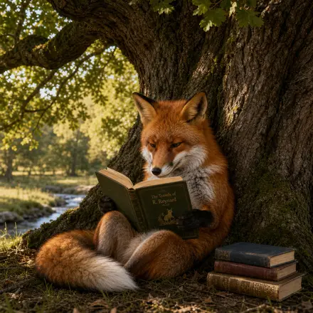 A red fox reading a book under an oak tree, from the idea alone