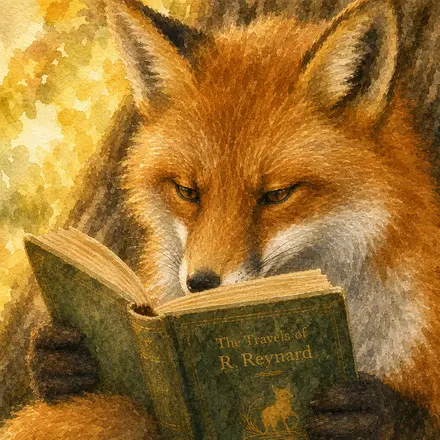 The finished picture: the watercolor fox close up in warm golden hour light